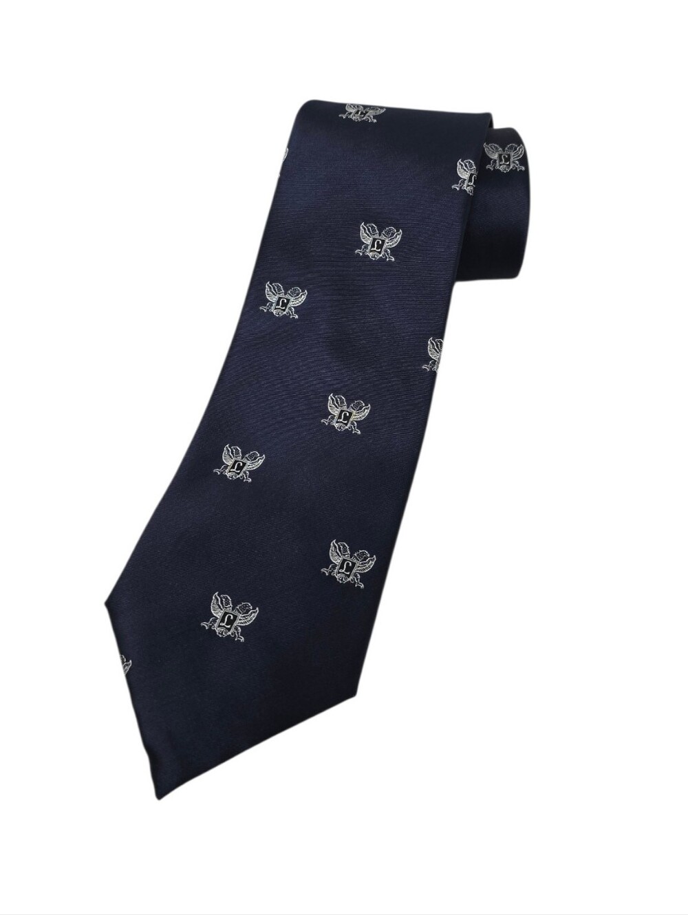 Bodegas Lopez Wineries Logo Navy Blue & Silver Winged Crest Motif Tie 3.5"